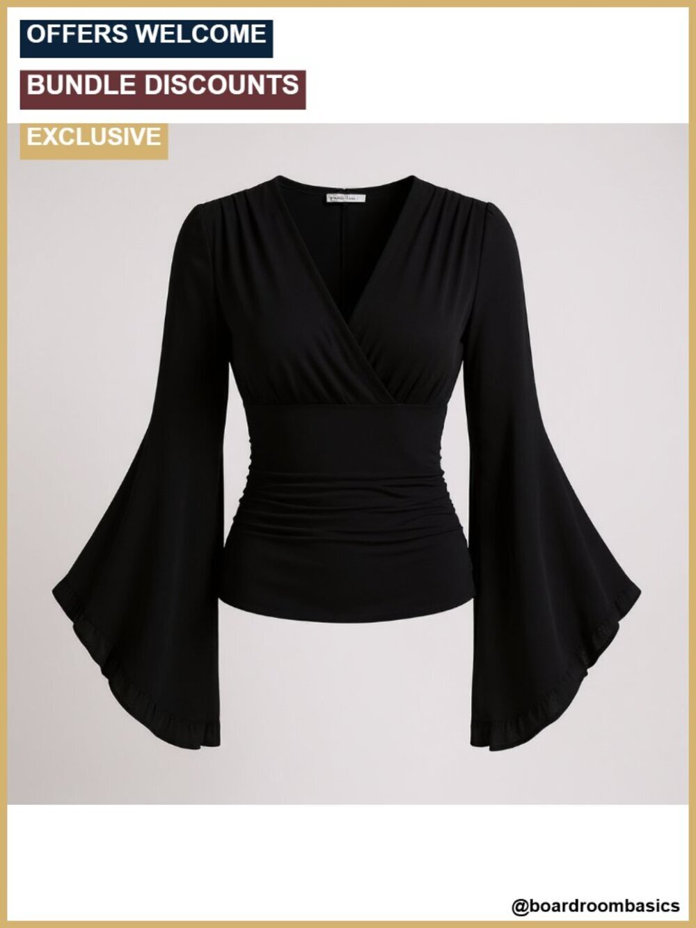 Bell Sleeve Renaissance Peasant Blouse V Neck Ruched Front Long Sleeve